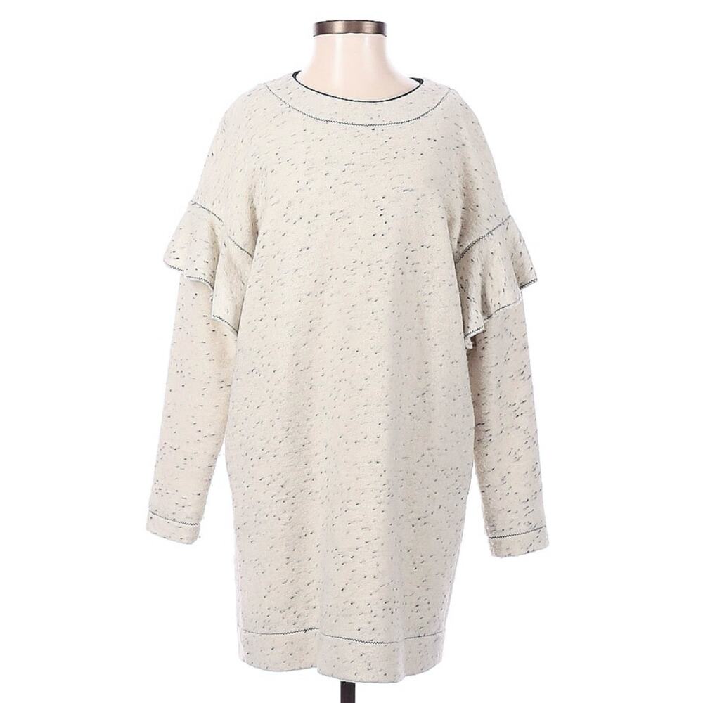 Vintage O’2nd Cream Gray Felted Wool Blend Ruffle Trim Sweater Mini Dress 1 S